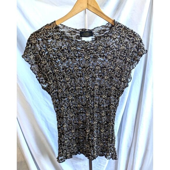 Vintage Y2K LINDA LUNDSTRÖM Black & Tan Stretchy Mesh Overlay Top Size 10 - Picture 1 of 6